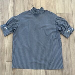 Women's Blue and White Striped Cotton High-Neck Short Embroidered Sleeve Blouse